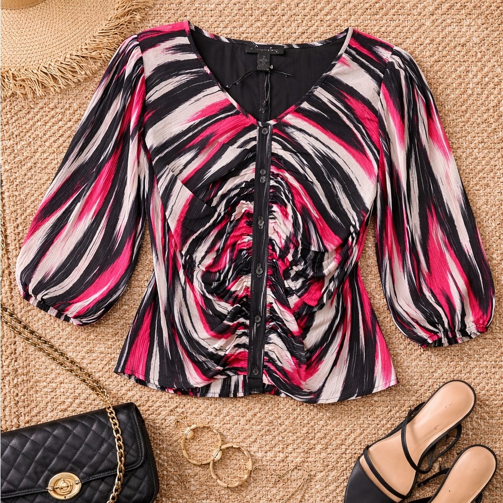 A Love Story Ruched Button Front Blouse XL NWT Pink Black Statement Top Office